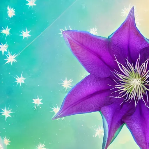 Image similar to clematis theme logo, clematis theme banner, clematis design, clematis in the deep sea, clematis like stars in the sky, trending on artstation, warm light, lovely and cute, fantasy art, 8 k resolution