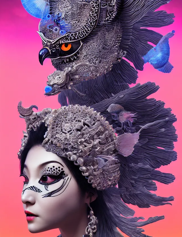 Image similar to 3 d goddess close - up 3 / 4 portrait with ram skull. beautiful intricately detailed japanese crow kitsune mask and clasical japanese kimono. betta fish, jellyfish phoenix, bio luminescent, plasma, ice, water, wind, creature, artwork by tooth wu and wlop and beeple and greg rutkowski