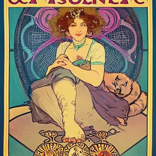 Image similar to a vintage poster with border of a Caucasian fortune teller lady with curly hair, a spread of tarot cards on a table, cats on her side, in a colorful tent, Alphonse Mucha poster ,