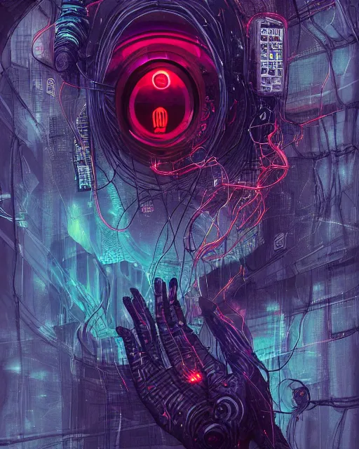 Image similar to eldritch cultist intertwined with technology, paranoia, wires, occult symbols, cyberpunk psychedelia, dark oil vibes, digital art, very detailed, colored, blotch watercolors, clean lines, artstation