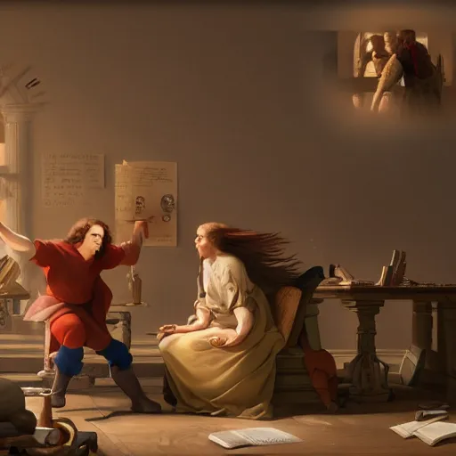 Prompt: isaac newton and leibniz fighting over calculus, detailed, centered, digital painting, artstation, concept art, in the style of a pixar film, breathtaking, 8 k resolution, extremely detailed, beautiful, establishing shot, artistic, hyperrealistic, octane render, cinematic lighting, dramatic lighting,