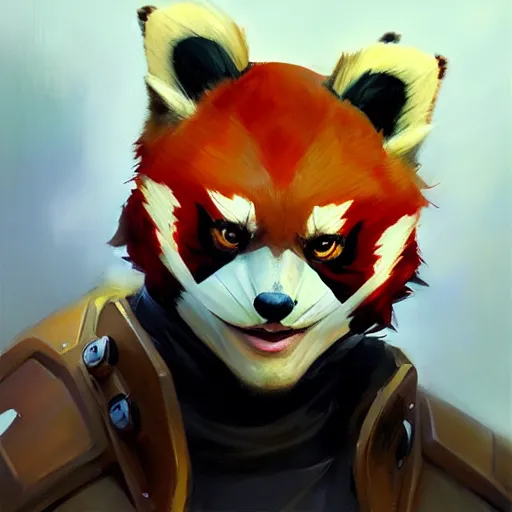 Prompt: greg manchess portrait painting of red panda as overwatch character, medium shot, asymmetrical, profile picture, organic painting, rainy day, matte painting, bold shapes, hard edges, street art, trending on artstation, by huang guangjian and gil elvgren and sachin teng