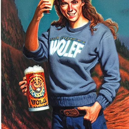 Image similar to Wolf wearing black sweatshirt, holding beer, artwork by Earl Norem,