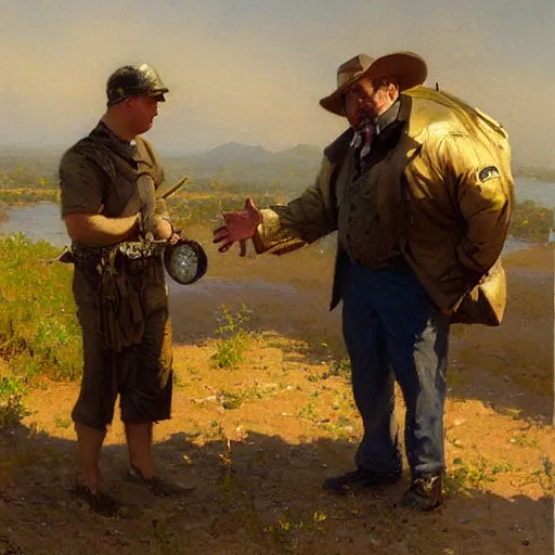 Image similar to alex jones begging for money on the side of the road, highly detailed painting by gaston bussiere craig mullins j. c. leyendecker,
