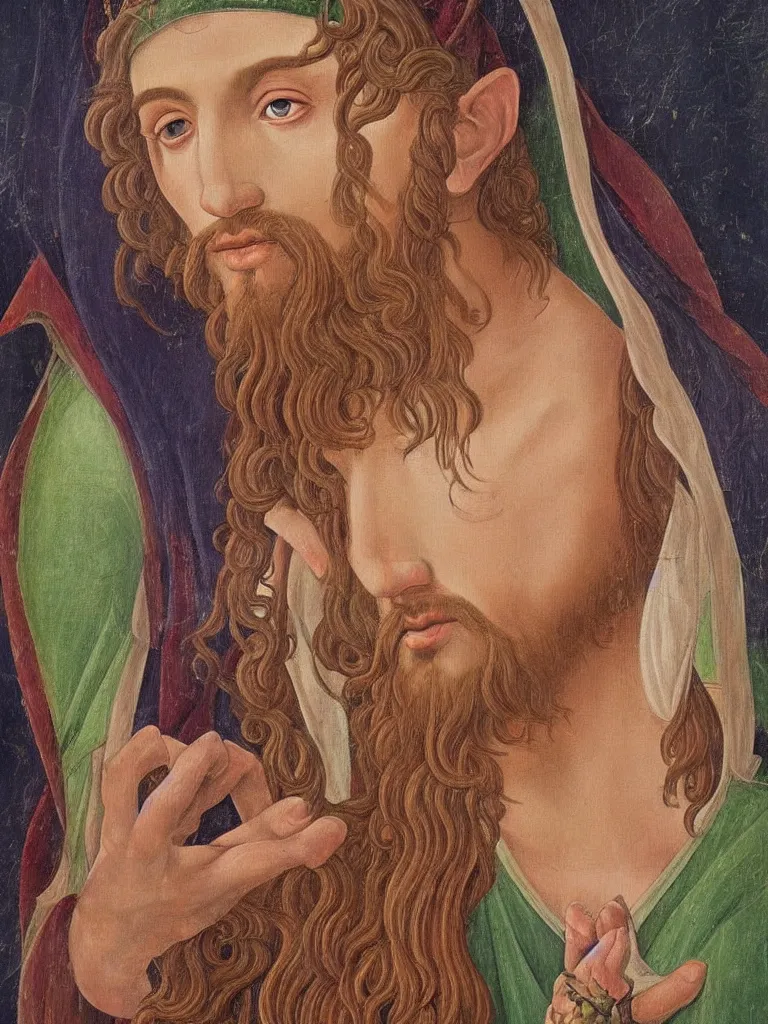 Image similar to Portrait of an elven Jesus. Oil painting in the style of Botticelli. Fantasy art.