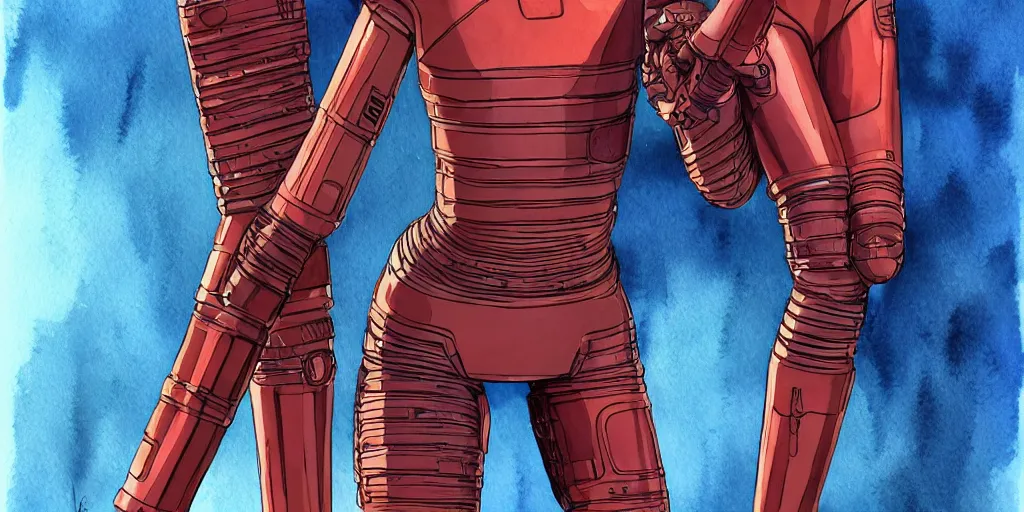 Image similar to woman, full body, wide shot, modern space suit, intriguing helmet, stylized character design, the expanse tv series, large shoulders, short torso, long thin legs, tiny feet, science fiction, hyperdetailed, technical suit, dieselpunk, watercolor digital painting, in the style of bruce timm, by alex maleev