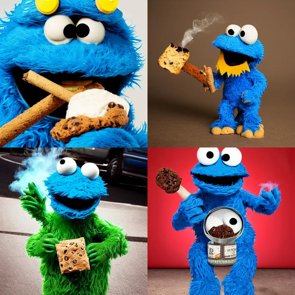 Prompt: cookie monster smoking a spliff and getting high