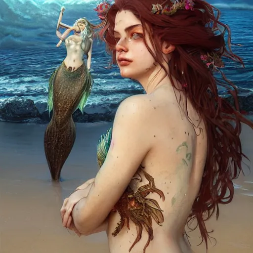 Prompt: a sad mermaid on a beach that is covered in oil and thrash, ultra realistic, concept art, intricate details, highly detailed, photorealistic, octane render, 8 k, unreal engine. art by artgerm and greg rutkowski and magali villeneuve and alphonse mucha