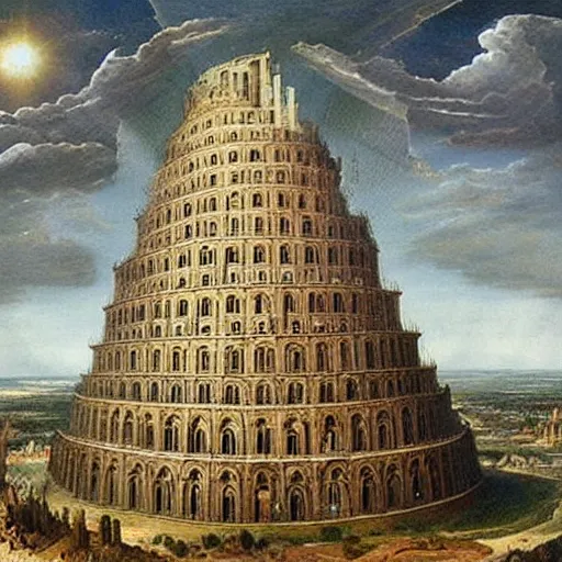 Prompt: the tower of babel made of diamond, prismatic, reflective, awe - inspiring