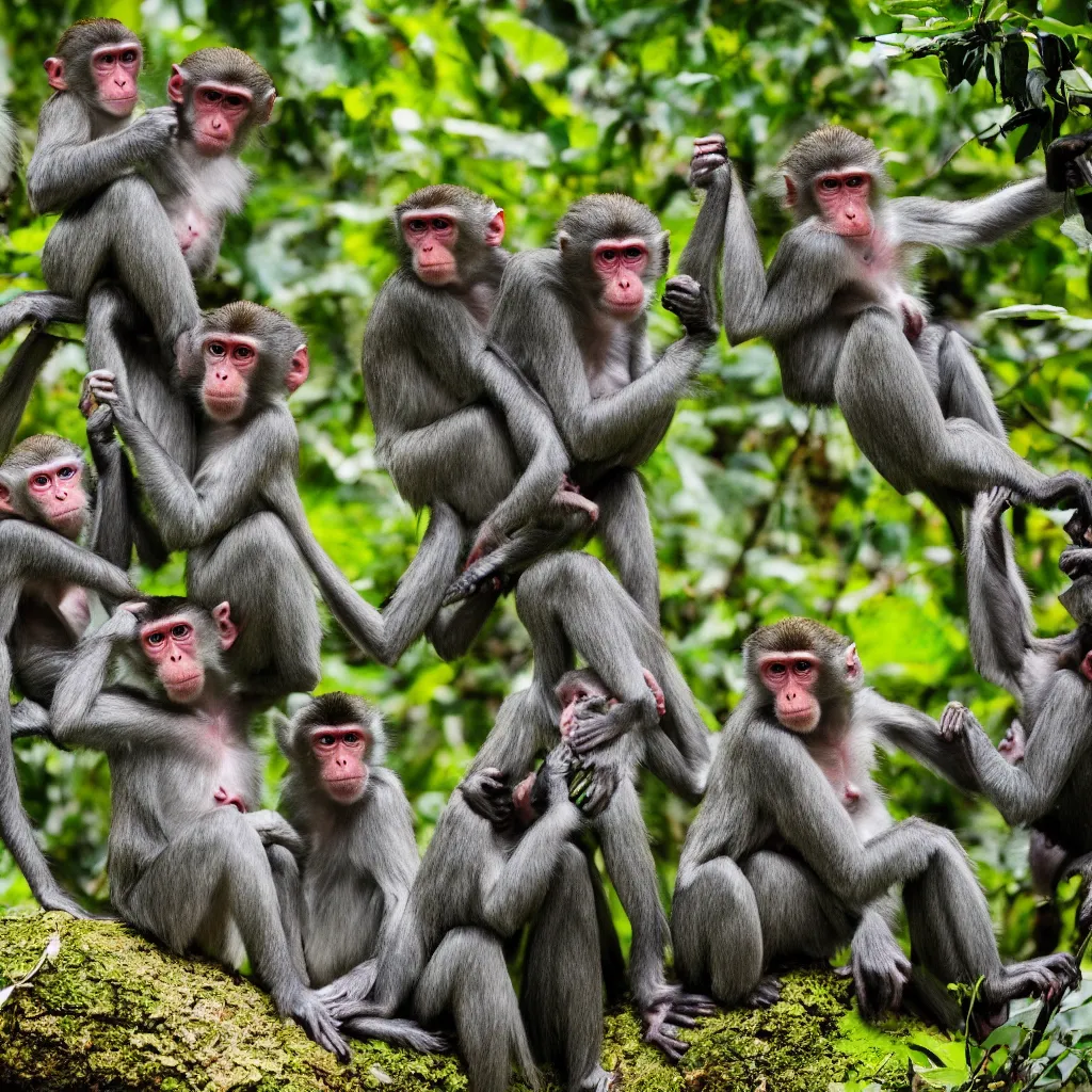 Prompt: a bunch of monkeys having a party in the jungle , 8k , 4k , professional photography, award winning photo