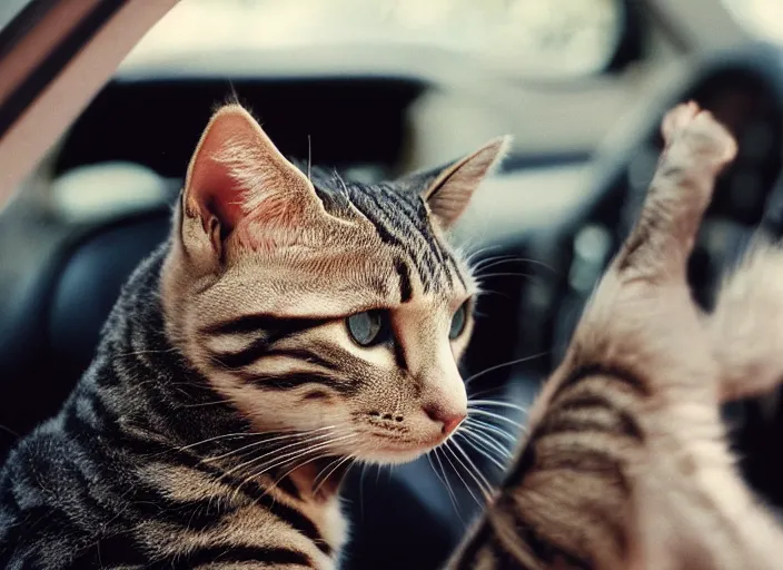 Image similar to A very high resolution image from a new movie, a cat driving a car around, inside of a car , mountains, Polaroid, directed by wes anderson