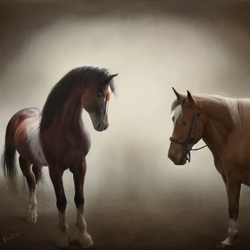 Prompt: a stunning ultra realistic painting of horses diffused into one another inside a stable by tom bagshaw, 24mm lens, 4k