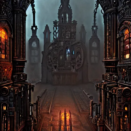 Image similar to steam necropolis, memento mori, gothic, neo - gothic, art nouveau, hyperdetailed copper patina medieval icon, stefan morrell, philippe druillet, ralph mcquarrie, concept art, steampunk, unreal engine, detailed intricate environment, octane render, moody atmospherics, volumetric lighting, ultrasharp, ominous, otherworldly