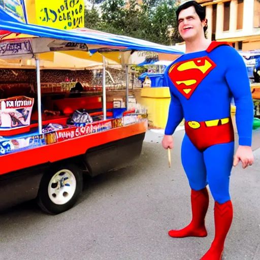 Image similar to superman selling hot dogs stand, poor, old clothes,