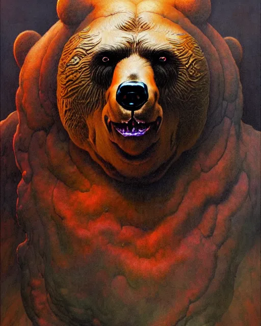 Prompt: portrait of bear in the style of wayne barlowe, gustav moreau, peter mohrbacher, bussiere, roberto ferri, santiago caruso, luis ricardo falero, austin osman spare, boris vallejo, hajime sorayama, frazetta