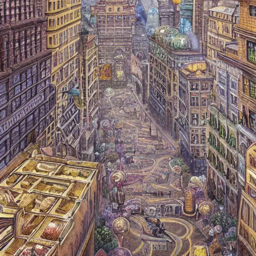 Image similar to gigantic ant walking through the center of a populated city, extreme detail, abstract realism, highly ornate intricate details, 1 9 2 0's colored pencil, 4 k, cinematic lighting,