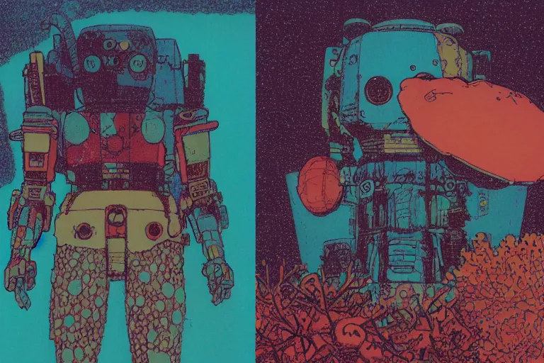 Image similar to risograph grainy drawing vintage sci - fi, satoshi kon color palette, gigantic gundam full - body covered in dead coral reef, 1 9 8 0, kodachrome, natural colors, comicbook spreadsheet, codex seraphinianus painting by moebius and satoshi kon and dirk dzimirsky close - up portrait