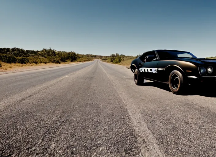 Image similar to retro picture of a black camaro mach 1 being chased by a police car on a dusty road, sunny day