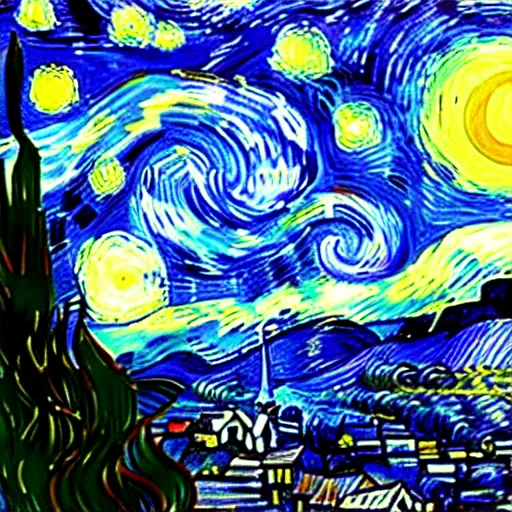 Prompt: The Starry Night painting with a red sharingan moon and a giant flower plant