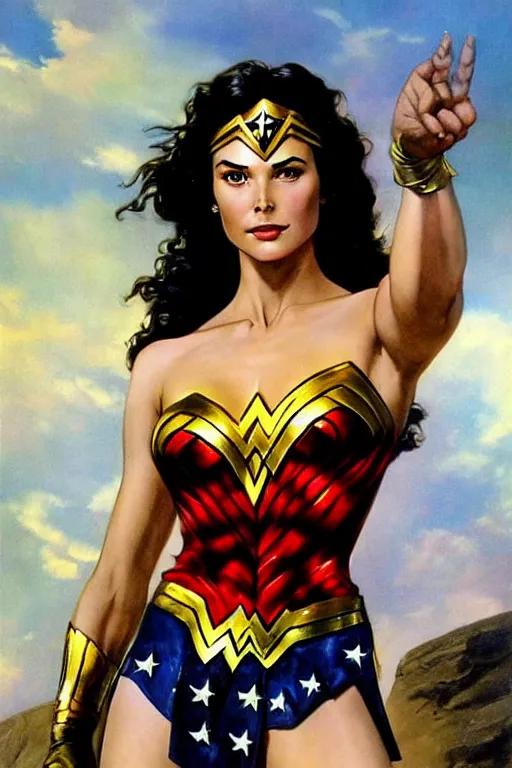 Image similar to a stunning portrait of wonder woman, fantasy art by Frank Frazetta and Boris Vallejo, highly detailed, trending on artstationhq