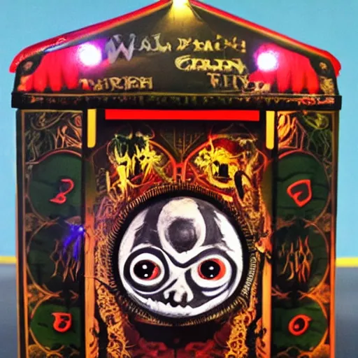 Image similar to A Scary Haunted Fortune Teller Machine Ornate Circus Tent Scary Psychic Zultan Glowing Eyes Horror Mystary