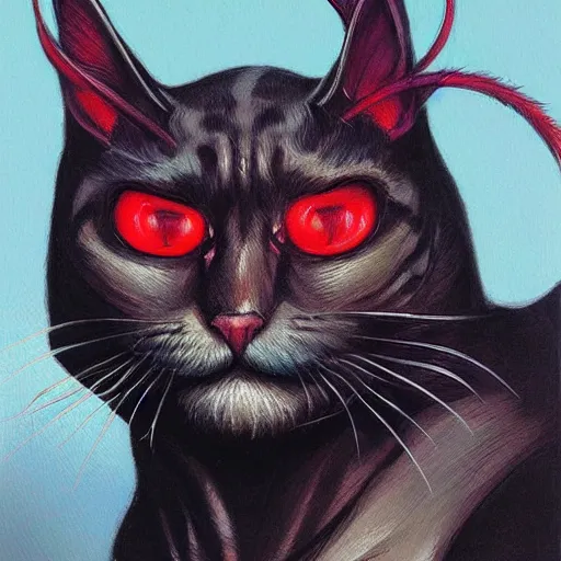 Image similar to portrait of cat demon, coherent! by brom! deep colors, strong lines, high contrast