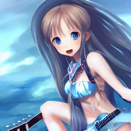 Image similar to a very beautiful little yuuki asuna playing guitar, full body, long wavy blond hair, sky blue eyes, full round face,, bikini, miniskirt, front view, mid - shot, highly detailed, cinematic wallpaper by stanley artgerm lau