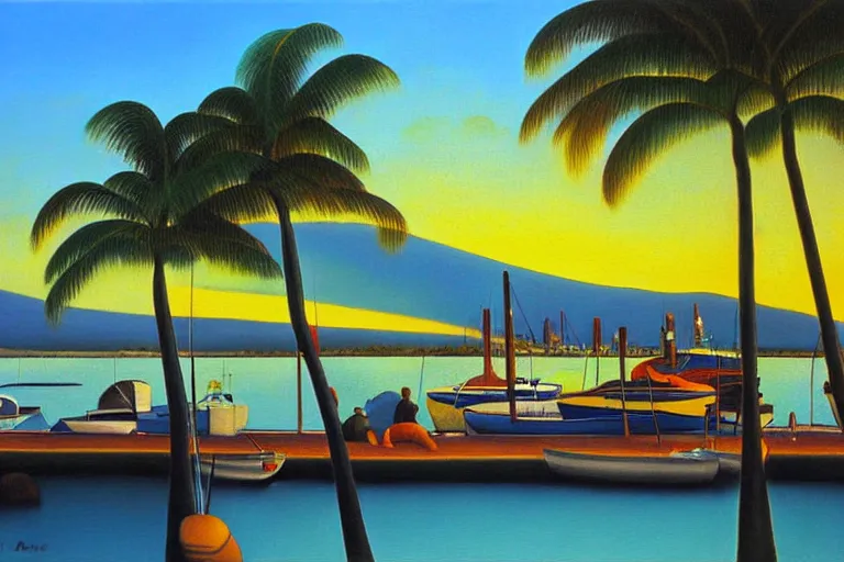 Image similar to Lahaina Maui harbor, sunset with palms, by Botero, oil painting