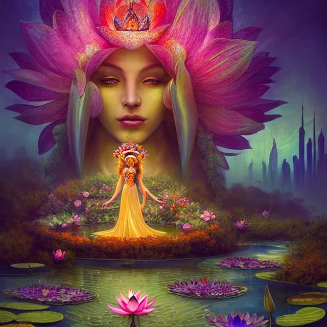 Image similar to Beautiful 3d render of the flower queen goddess near a pond full of lotus, atmospheric lighting, painted, intricate, volumetric lighting, beautiful, rich deep colours masterpiece, sharp focus, ultra detailed, in the art style of Dan Mumford and marc simonetti, with a clear crowded futuristic cyberpunk dubai city in the background, astrophotography