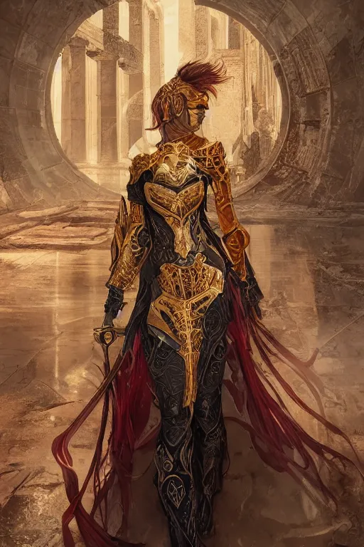 Prompt: portrait knights of Zodiac girl, metallic black and reddish reflected armor, in ruined Agora of Athens, ssci-fi, fantasy, intricate, very very beautiful, elegant, golden light, highly detailed, digital painting, artstation, concept art, smooth, sharp focus, illustration, art by WLOP and tian zi and alphonse mucha