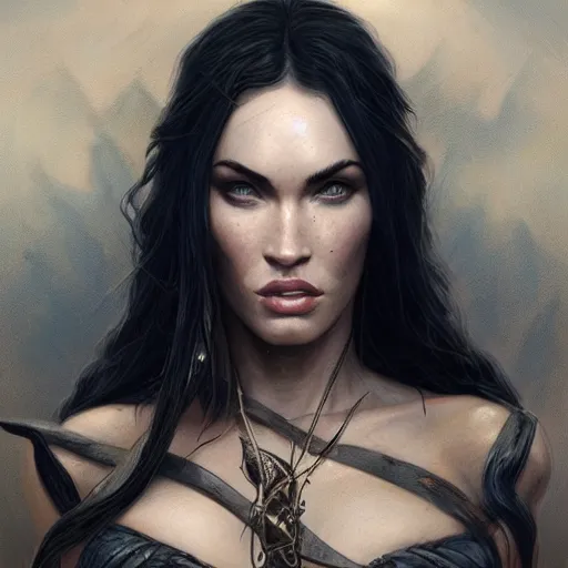 Image similar to portrait of megan fox, muscular upper body, fantasy, intricate, elegant, highly detailed, digital painting, artstation, concept art, matte, sharp focus, illustration, art by aenaluck and roberto ferri and greg rutkowski, epic fantasy, digital painting