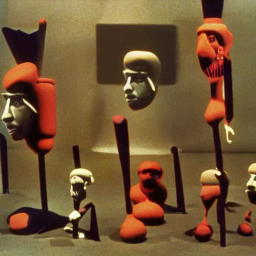 Prompt: a claymation film still of anthropomorphic object / collection / ethnographic museum / claymation by andy warhol