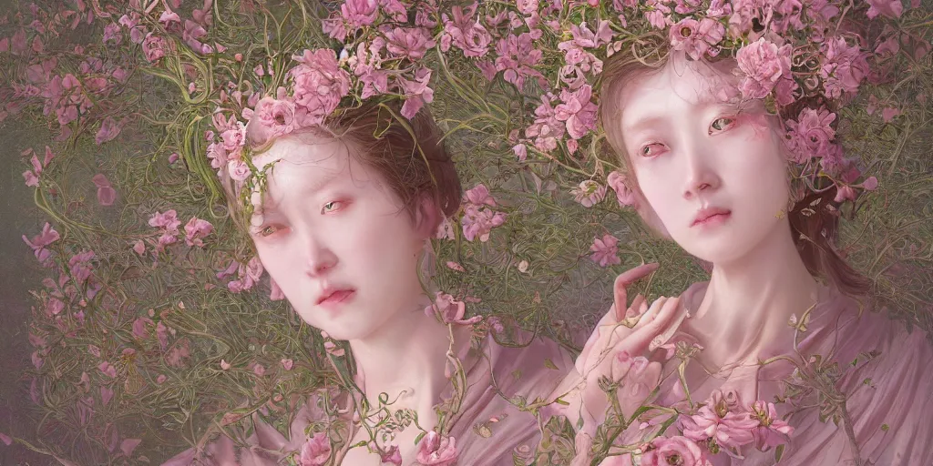 Image similar to breathtaking detailed weird concept art painting of few goddesses of light pink flowers, orthodox saint, with anxious, piercing eyes, ornate background, amalgamation of leaves and flowers, by Hsiao-Ron Cheng, extremely moody lighting, 8K