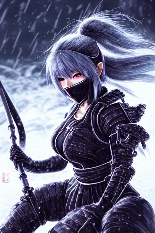 Prompt: portrait of female ninja gaiden momiji, metalic frost cyber ninja respirator, stormy snowy fiji mountain, incredibly beautiful, armored, highly detailed, digital painting, final fantasy, sharp focus, behance contest winner, ultrafine illustrations by tian zi, james jean, ayanamikodon and irakli nadar