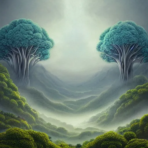 Image similar to epic view of a mountain range floating in the sky on a cloud, surreal landscape, Joe Fenton, broccoli trees, spinach forest, dusky, foggy lighting, realistic