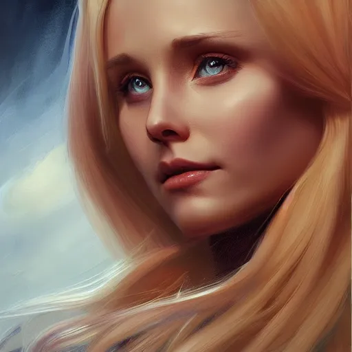 Image similar to woman with blonde hair like kristen bell, portrait, oil painting, intricate complexity, rule of thirds, trending on pixiv, by Charlie Bowater, 8k character concept, dramatic lighting