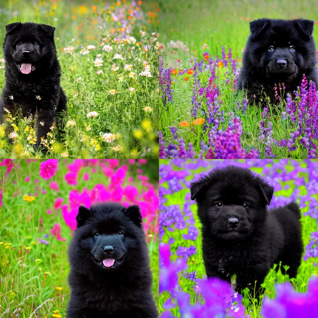 Prompt: a black chow chow puppy surrounded by beautiful wildflowers