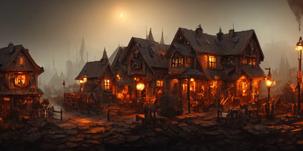 Prompt: a small steampunk wooden village, rich, cyborgs, dark aesthetic, soft colours, natural, steam, big clocks, concept art, octane render, unreal engine, in the style of luca guadagnino, highly detailed, high quality, artstation, digital art, 8 k hdr, cinematic, dramatic lighting, scenic, rich colour scheme