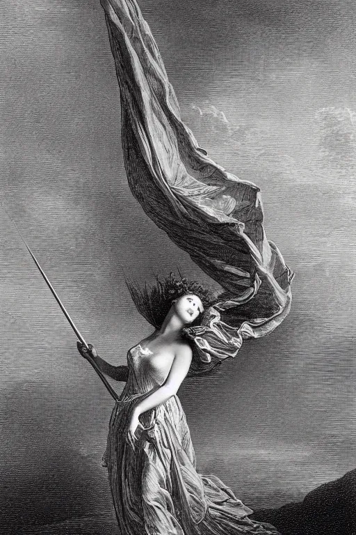 Image similar to dancer in the wind by gustave dore, light cone, reimagined by industrial light and magic