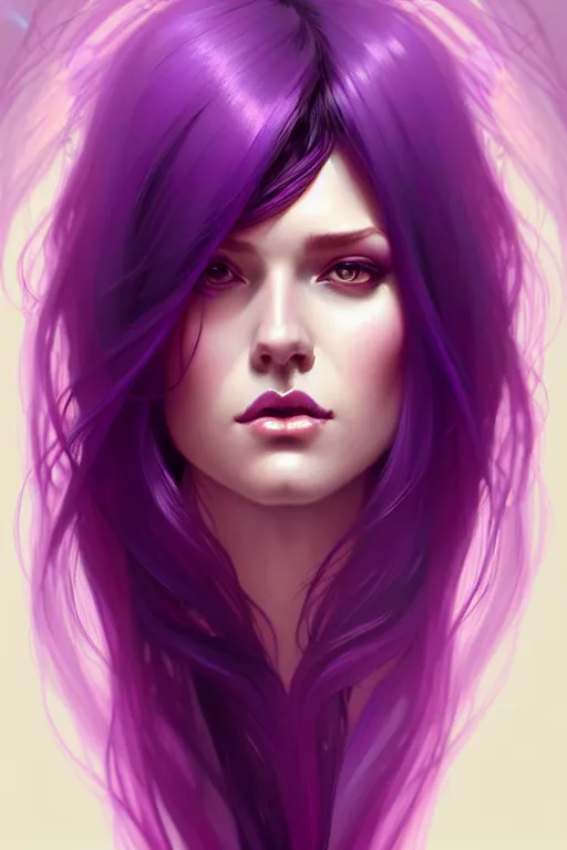 Image similar to Purple hair, creative colouring Portrait of woman, fashion, intricate, elegant, highly detailed, digital painting, artstation, concept art, smooth, sharp focus, illustration, art by artgerm and greg rutkowski and alphonse mucha