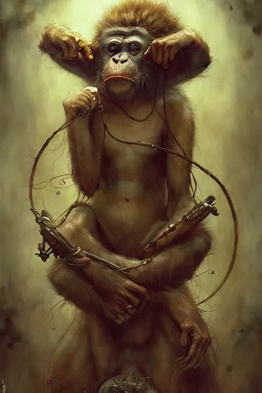 Image similar to ape magician | esoteric symbolism | jean - baptiste monge, esao andrews, bastien lecouffe - deharme, tim jacobus, ken currie | ultra - detailed realism, soft cinematic lighting, hi - fructose, artstation, high - quality, ink watercolors wes anderson poster art