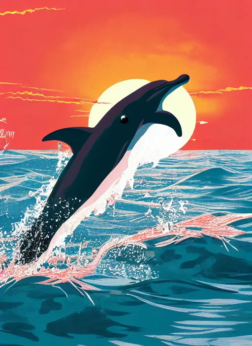 Prompt: dolphin jumping out of the ocean, splashing water, sunset, night stars, scenery wallpaper aesthetic, beautiful, cinematic, dramatic, super detailed and intricate, 4 k render, by koson ohara, by darwyn cooke, by satoshi kon