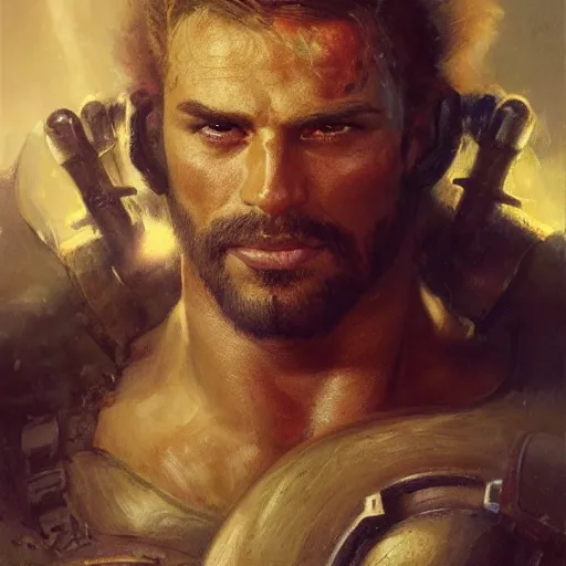 Image similar to handsome portrait of a spartan guy bodybuilder posing, radiant light, caustics, war hero, apex legends, by gaston bussiere, bayard wu, greg rutkowski, giger, maxim verehin