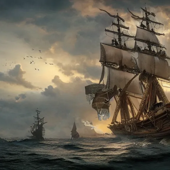 Prompt: a highly detailed 4 k fantasy matte painting of a photorealistic pirate ship, historically accurate. flying