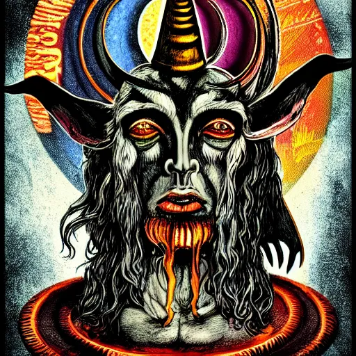 Image similar to graphic illustration, creative design, baphomet with aleister crowley, biopunk, francis bacon, highly detailed, hunter s thompson, mixed media