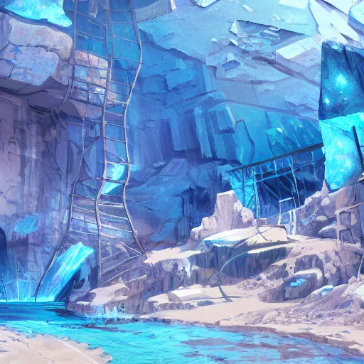 Prompt: concept art painting of a mineshaft with giant blue crystals, realistic, detailed, cel shaded, in the style of makoto shinkai and greg rutkowski and james gurney