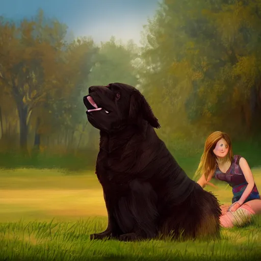 Prompt: girl riding a giant newfoundland dog in the park, trending on artstation