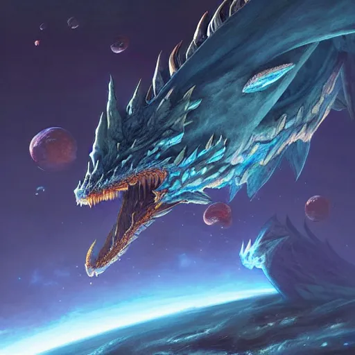 Prompt: Gigantic blue scaled dragon devouring an earth like planet while flying in space, sun system, dark souls boss dragon, nebula, oil painting, by Fernanda Suarez and Edgar Maxence and Greg Rutkowski