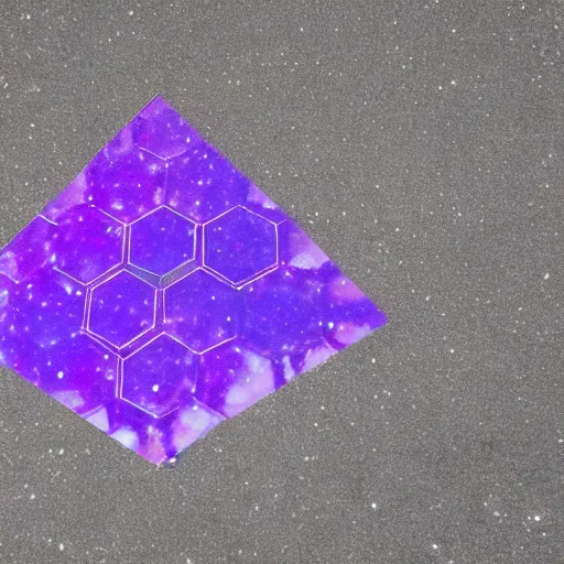 Prompt: hexagonal rhunic plane on a road with purple galaxy seeping out of the hexagons