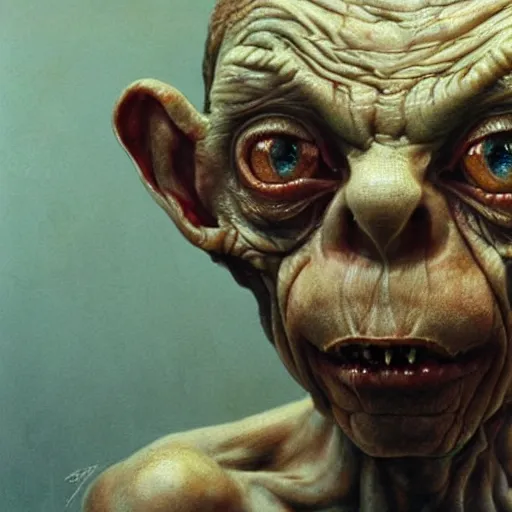 Prompt: gollum smeagol grotesque, ultra detailed, ultra realistic, by beksinski, alejandro jodorowsky, giger, greg rutkowski, carne griffith trending on artstation, deviantart, photorealism